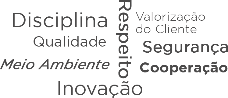 Nuvem de palavras com os valores da empresa, como respeito, segurança e inovação