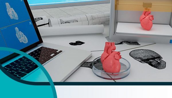 Impressão 3D de coração em frente a um notebook com ino desenho do molde na tela